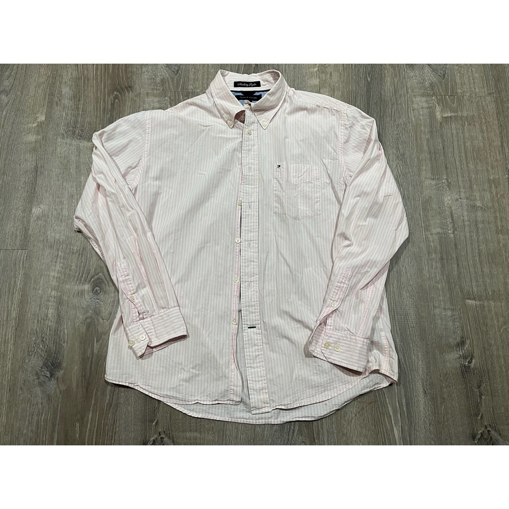 Tommy Hilfiger Academy Poplin Shirt Mens Large Pink White Stripe Button Down